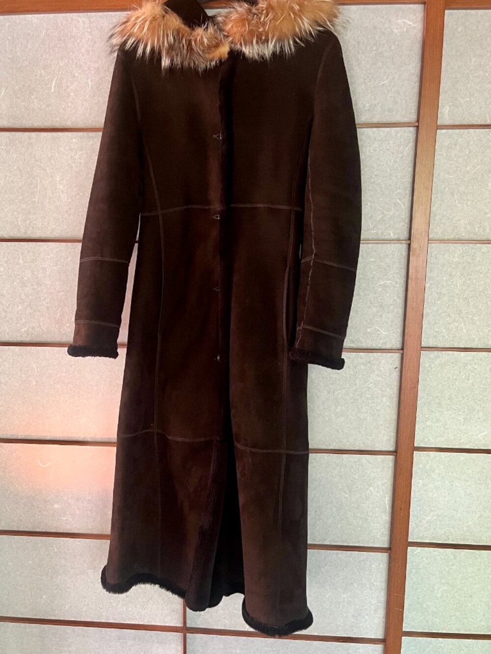 Searle Shearling Coat Full Length Brown Genuine Fox Fur Hood Sheepskin Sz 4
